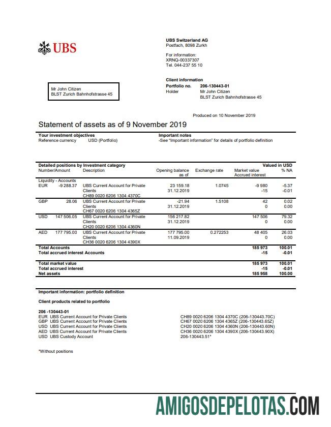Modelo de extrato bancário UBS da Suíça para impressão em formato Word e PDF, versão 2